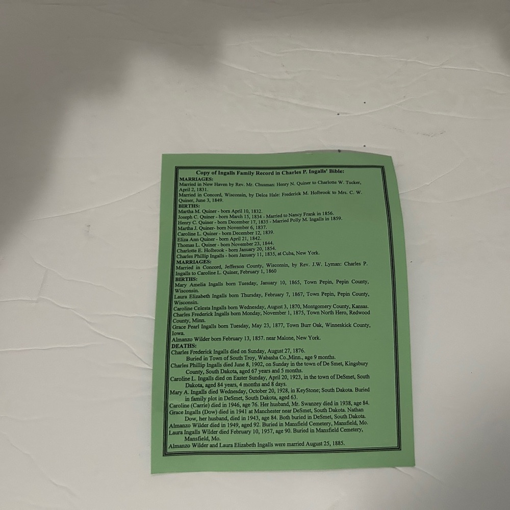 Ingals Family Bible Record